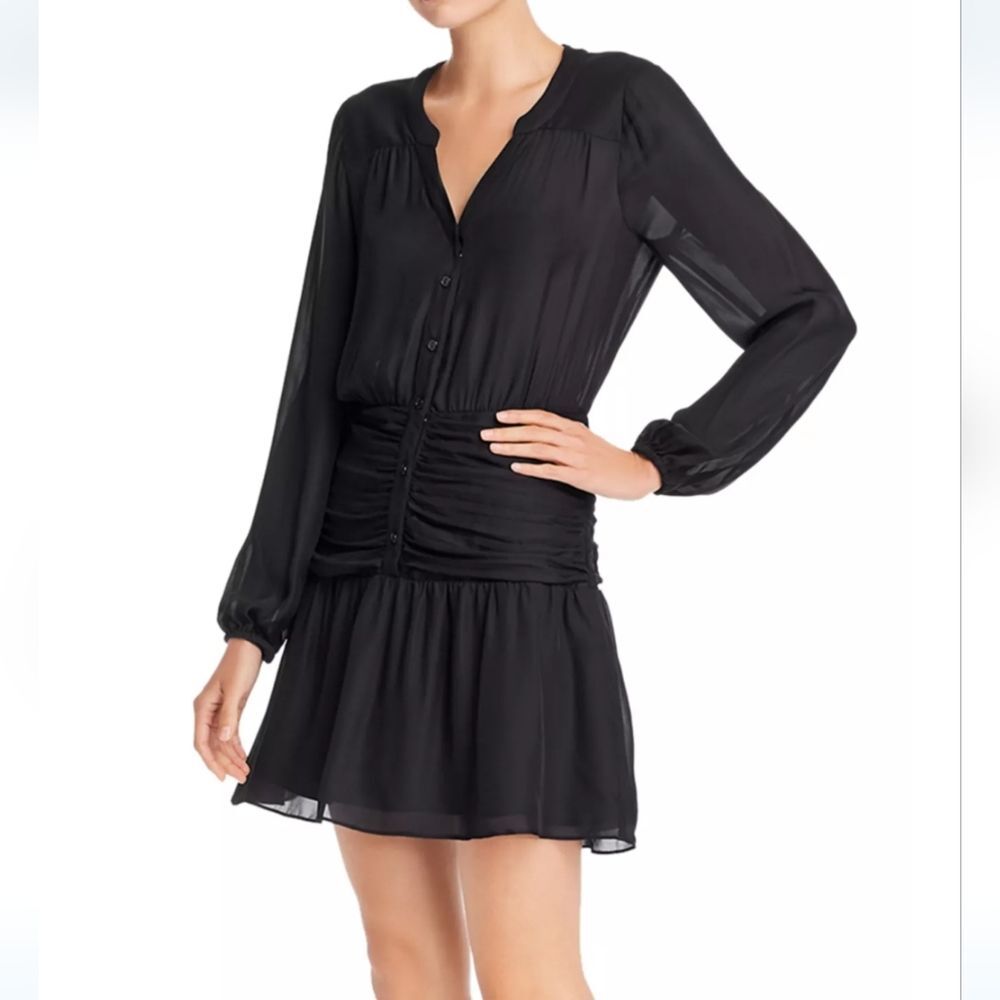 Parker Women's Zee Long Sleeve Ruched Waist Black Dress Size 10 NWOT